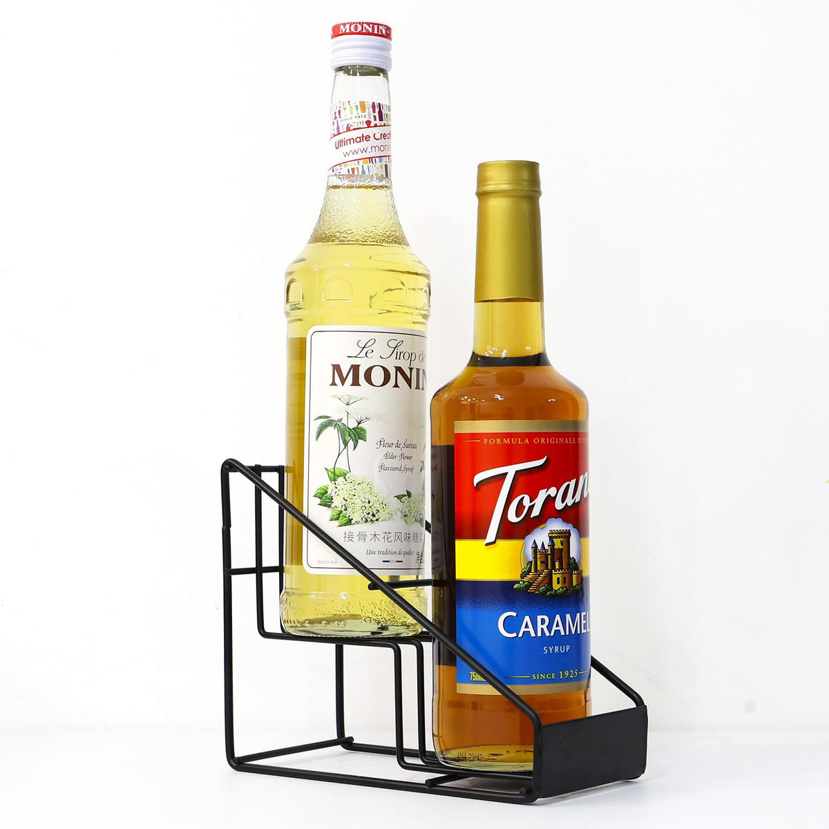 Coffee Syrup Organizer for Countertop, Stepped Syrup Rack Holds 4 Bottles, Freestanding Coffee Bar Organizer, Heavy Duty Carbon Steel Storage Rack for Home, Kitchen, Café & Bar