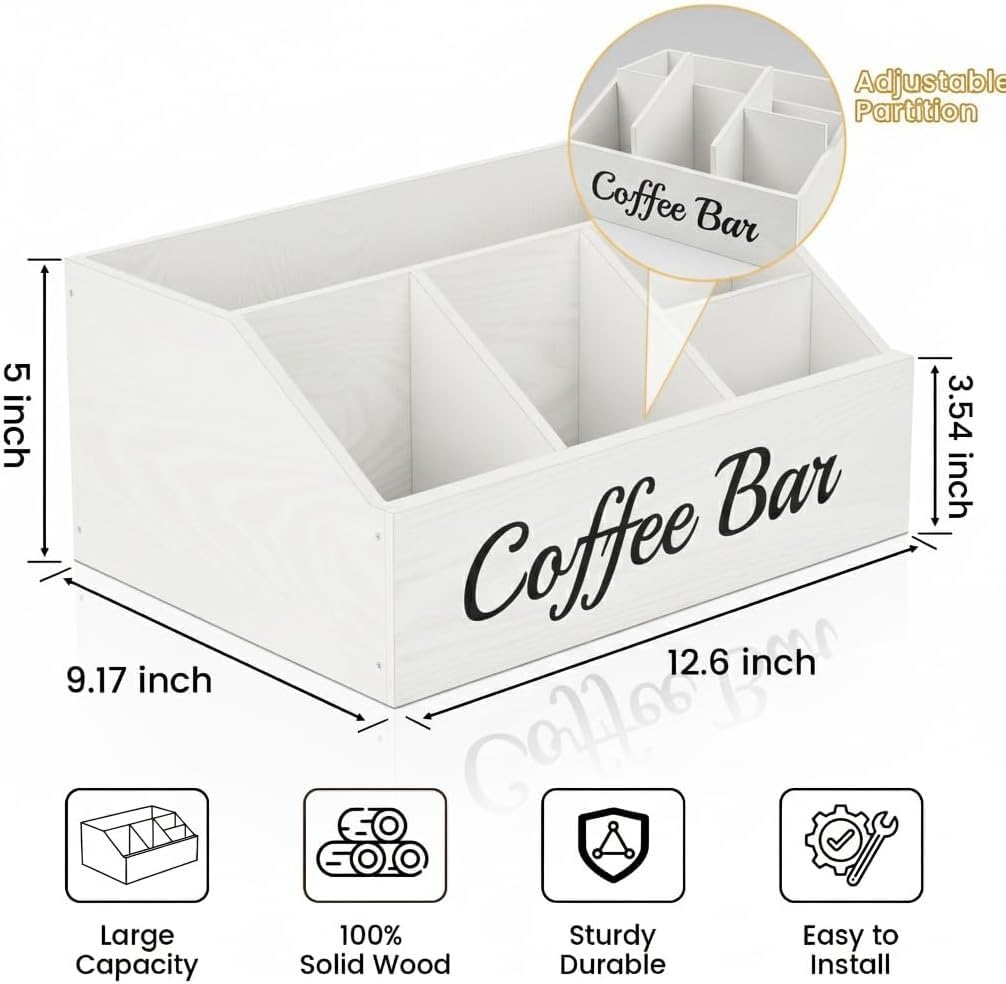 Coffee Station Organizer for Countertop – Wooden Coffee Bar Organizer with Adjustable Dividers,Holds K Cup Pod & syrup bottles, for Kitchen, Office, or Bar and Tea Station, Black