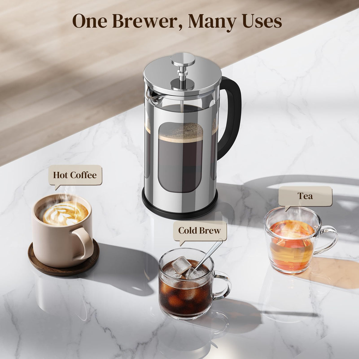 Veken 34oz French Press Coffee Maker, No Plastic Touching Cafe,1 L Cafetera