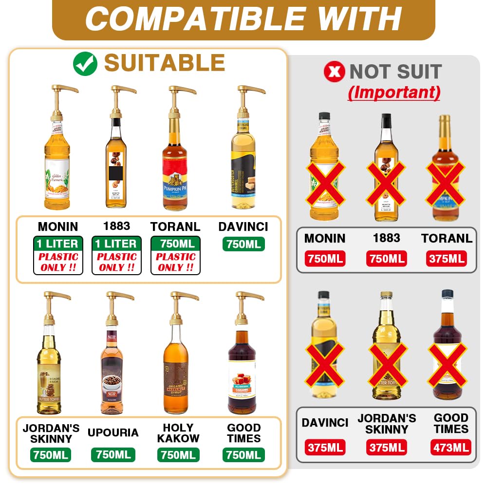 8 pcs Leak Proof Syrup Pumps with Cap, Fits 25.4 Oz/750ml Bottles