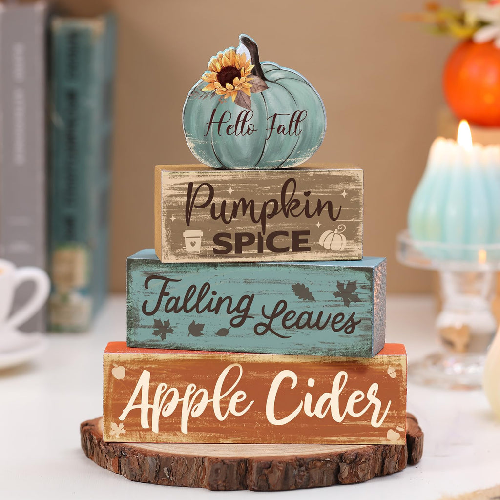 4 Pcs Fall Decor for Home Hello Fall Wooden Signs with Ice Cream Cup