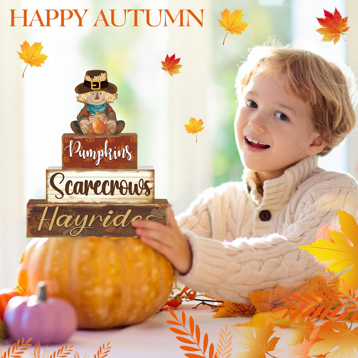 4 Pcs Fall Decor for Home Hello Fall Wooden Signs with Ice Cream Cup