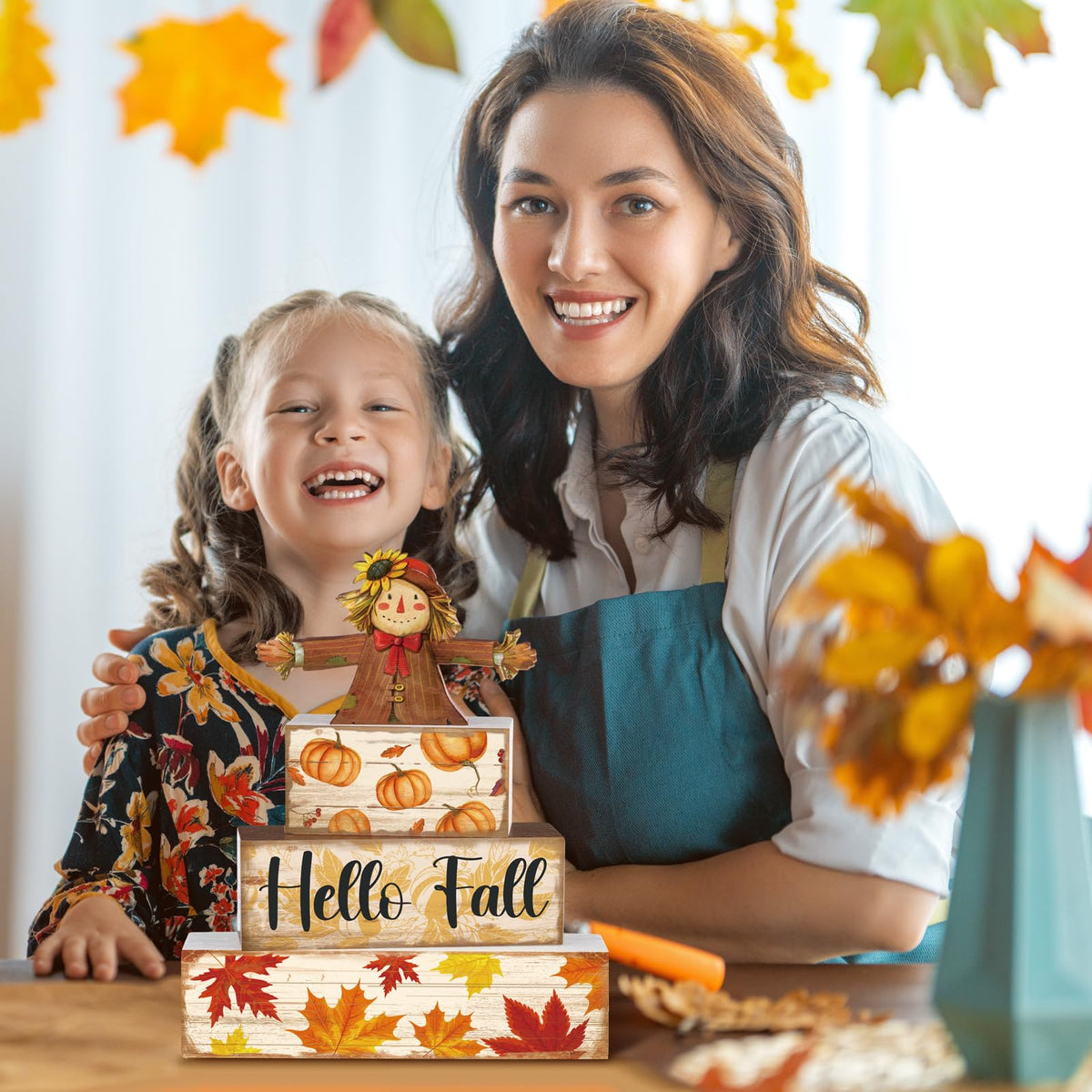 4 Pcs Fall Decor for Home Hello Fall Wooden Signs with Ice Cream Cup