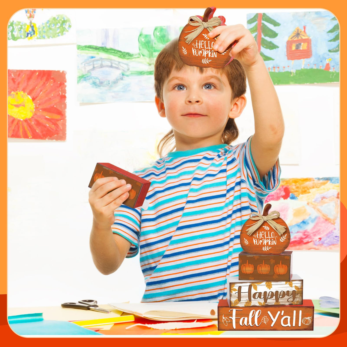 4 Pcs Fall Decor for Home Hello Fall Wooden Signs with Ice Cream Cup