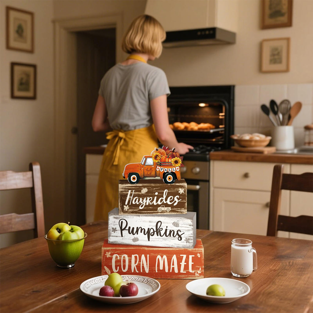 4 Pcs Fall Decor for Home Hello Fall Wooden Signs with Ice Cream Cup