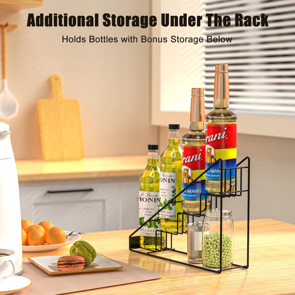 Coffee Syrup Organizer for Countertop, Stepped Syrup Rack Holds 4 Bottles, Freestanding Coffee Bar Organizer, Heavy Duty Carbon Steel Storage Rack for Home, Kitchen, Café & Bar