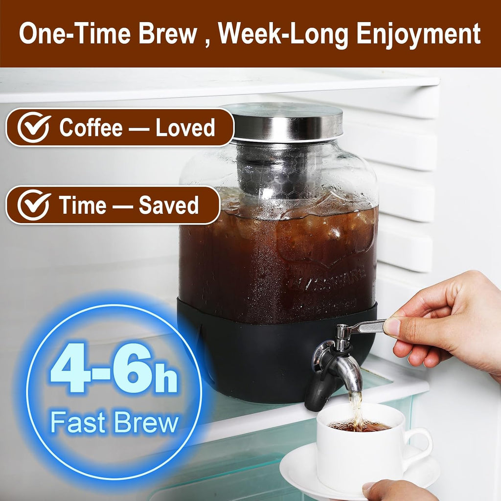 Cold Brew Coffee Maker, 1 Gallon Iced Coffee Maker With Stainless Steel Filter, Heavy Duty Glass Cold Brew Pitcher With Stainless Steel Spigot, Mason Jar Cold Brew Coffee Maker Fast Iced Tea Maker