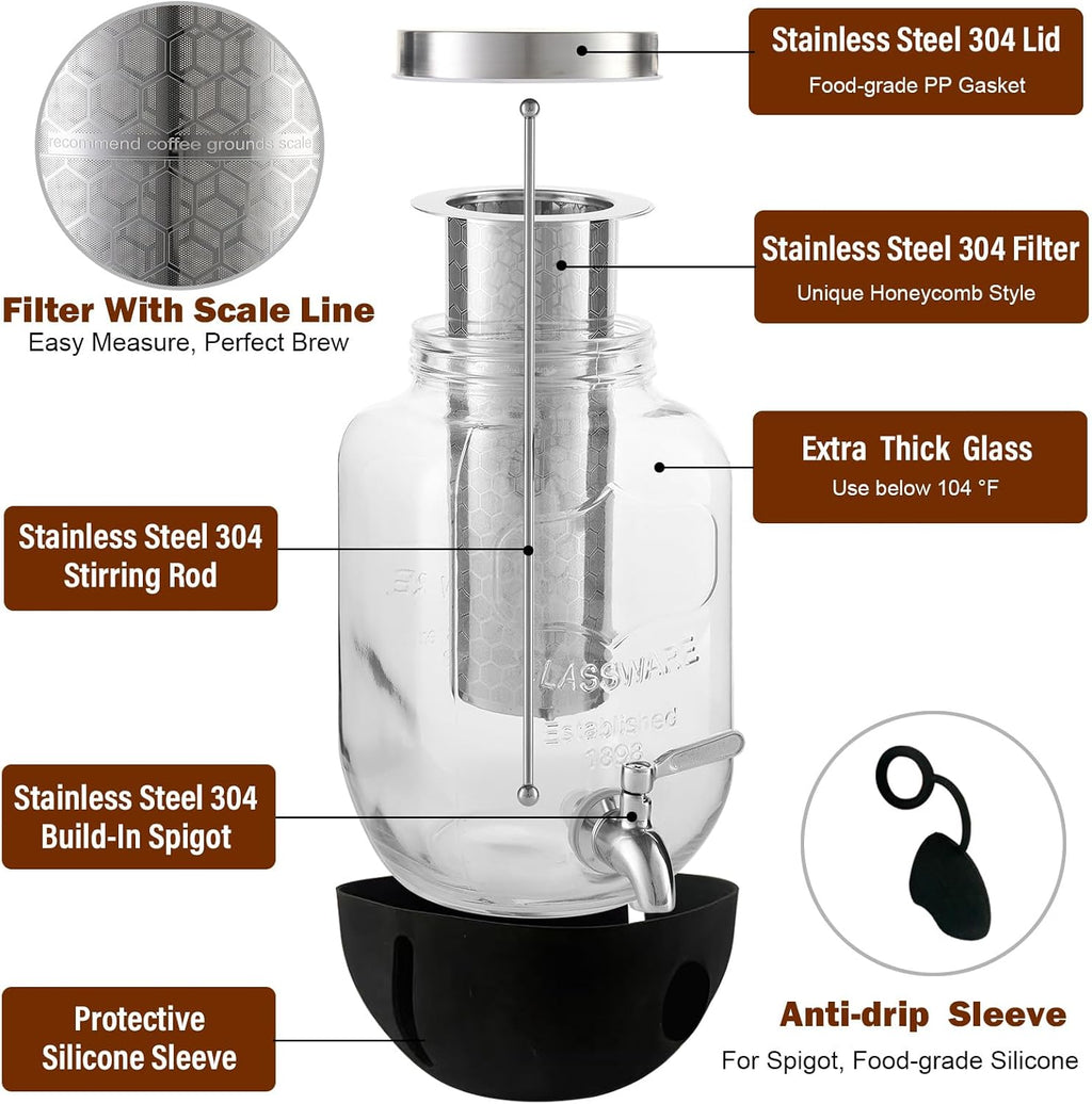Cold Brew Coffee Maker, 1 Gallon Iced Coffee Maker With Stainless Steel Filter, Heavy Duty Glass Cold Brew Pitcher With Stainless Steel Spigot, Mason Jar Cold Brew Coffee Maker Fast Iced Tea Maker