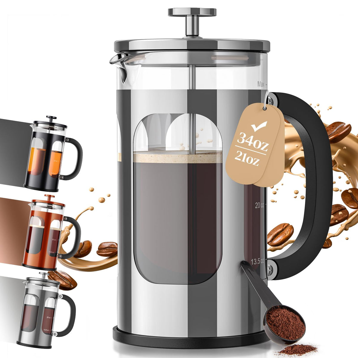 Veken 34oz French Press Coffee Maker, No Plastic Touching Cafe,1 L Cafetera
