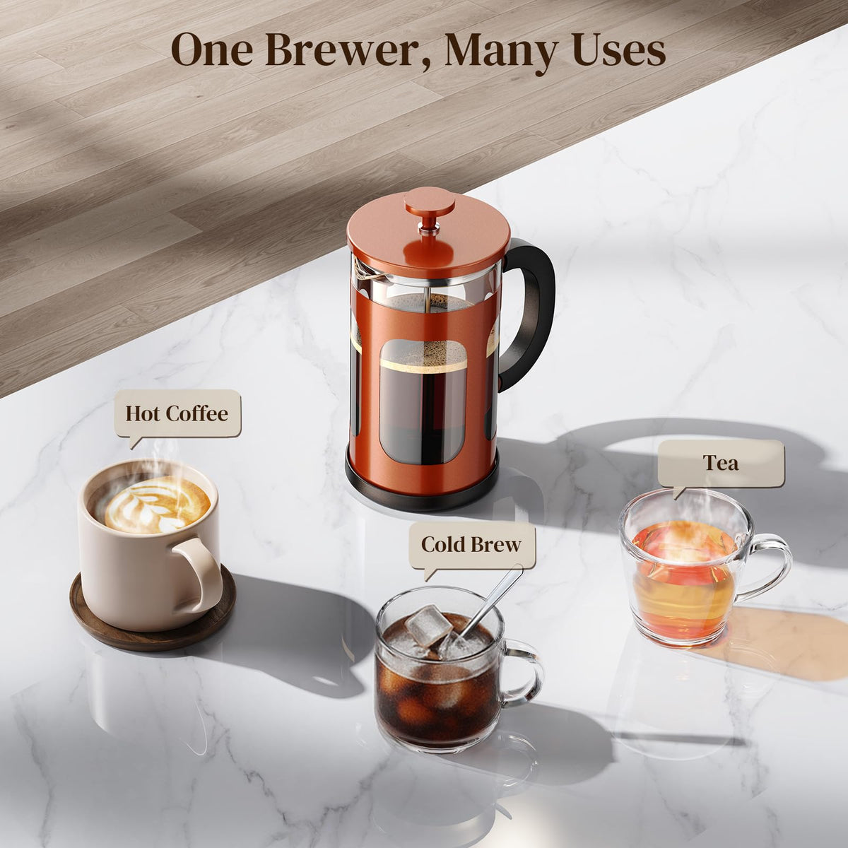 Veken 34oz French Press Coffee Maker, No Plastic Touching Cafe,1 L Cafetera