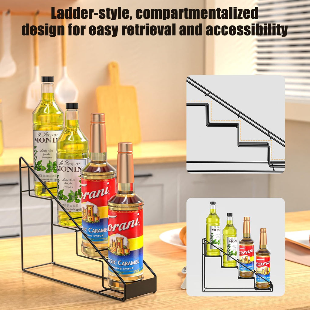 Coffee Syrup Organizer for Countertop, Stepped Syrup Rack Holds 4 Bottles, Freestanding Coffee Bar Organizer, Heavy Duty Carbon Steel Storage Rack for Home, Kitchen, Café & Bar