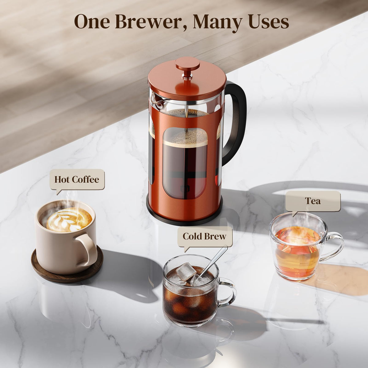 Veken 34oz French Press Coffee Maker, No Plastic Touching Cafe,1 L Cafetera