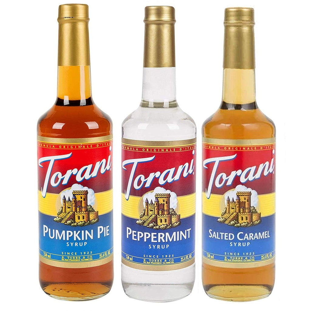 Torani Coffee Syrup, Pumpkin Pie, Peppermint, and Salted Caramel Syrup for Drinks, Fall & Winter Variety 3-Pack, Pumps Included, 25.4 Fl Oz Ea