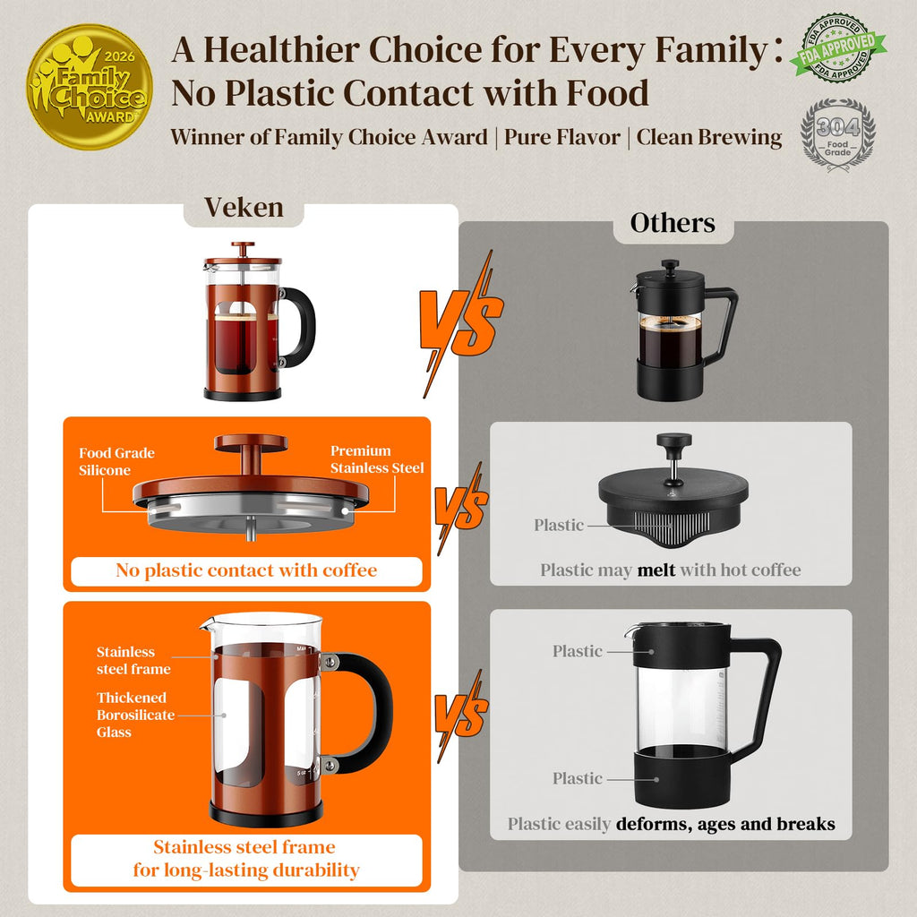 Veken 34oz French Press Coffee Maker, No Plastic Touching Cafe,1 L Cafetera