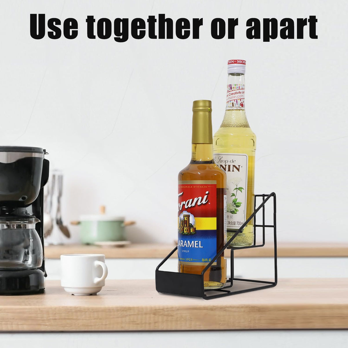 Coffee Syrup Organizer for Countertop, Stepped Syrup Rack Holds 4 Bottles, Freestanding Coffee Bar Organizer, Heavy Duty Carbon Steel Storage Rack for Home, Kitchen, Café & Bar