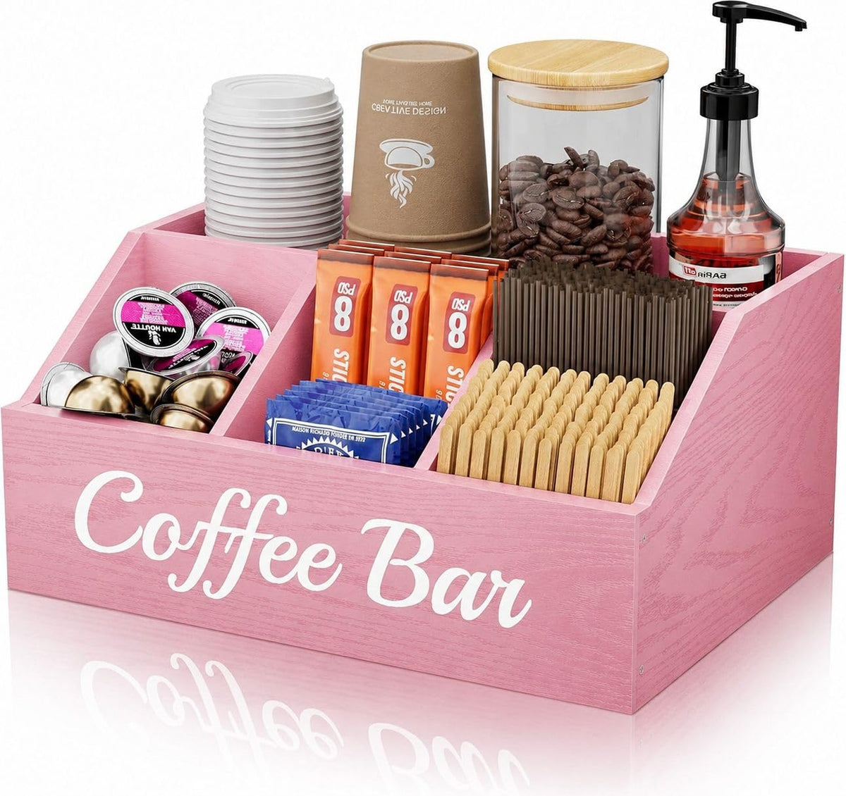 Coffee Station Organizer for Countertop – Wooden Coffee Bar Organizer with Adjustable Dividers,Holds K Cup Pod & syrup bottles, for Kitchen, Office, or Bar and Tea Station, Black