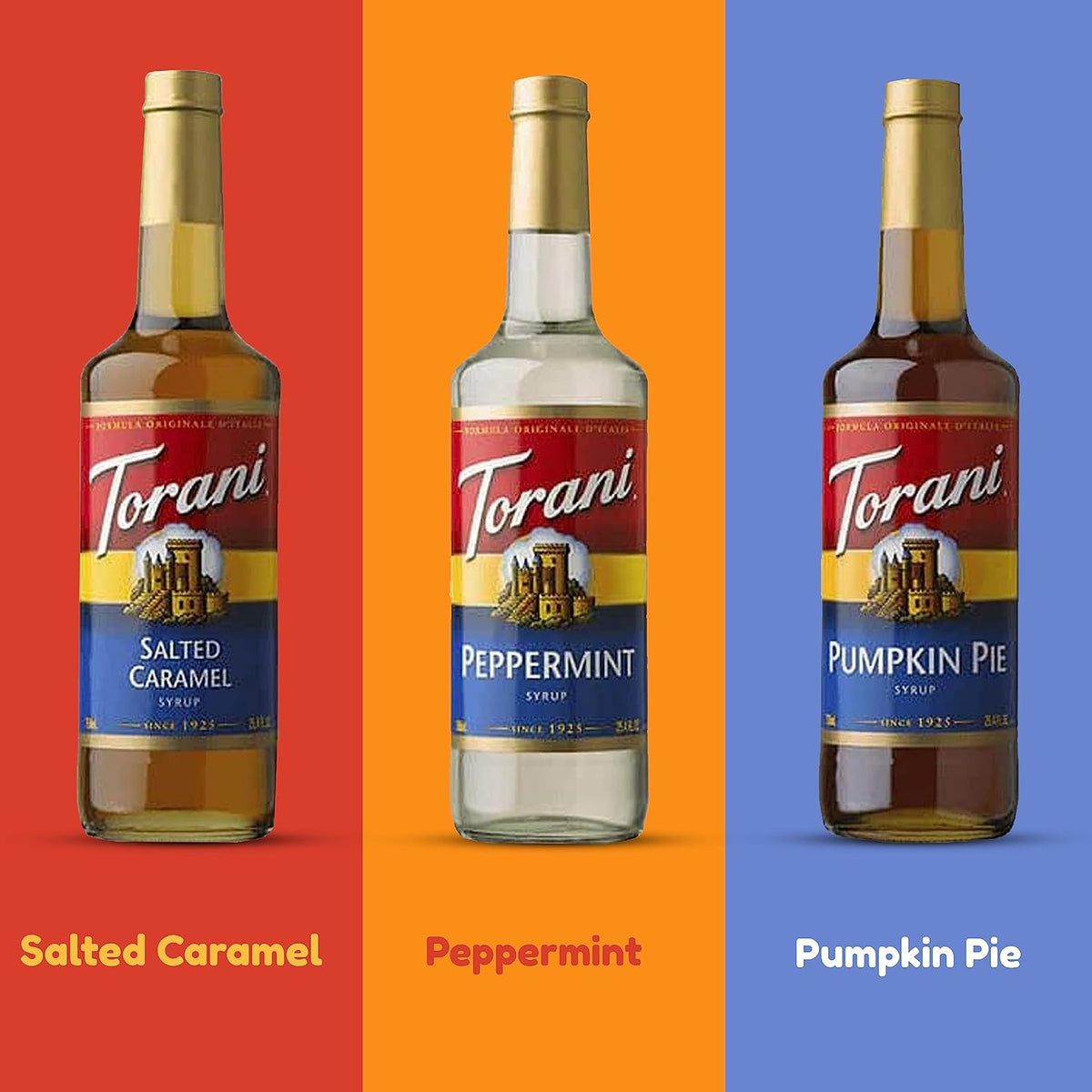 Torani Coffee Syrup, Pumpkin Pie, Peppermint, and Salted Caramel Syrup for Drinks, Fall & Winter Variety 3-Pack, Pumps Included, 25.4 Fl Oz Ea