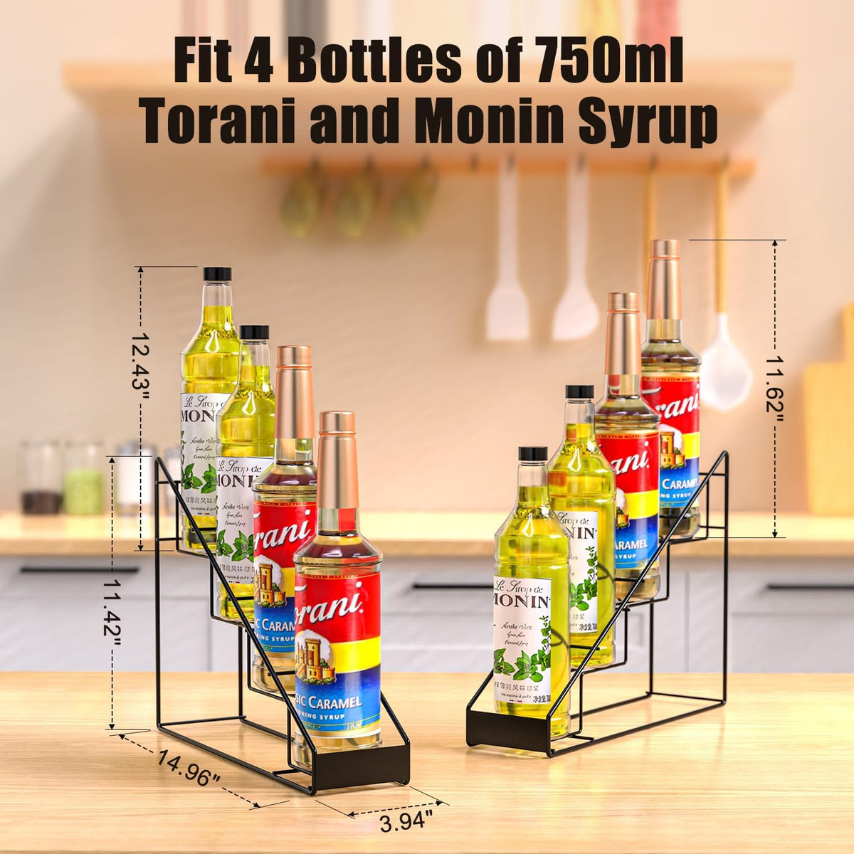Coffee Syrup Organizer for Countertop, Stepped Syrup Rack Holds 4 Bottles, Freestanding Coffee Bar Organizer, Heavy Duty Carbon Steel Storage Rack for Home, Kitchen, Café & Bar