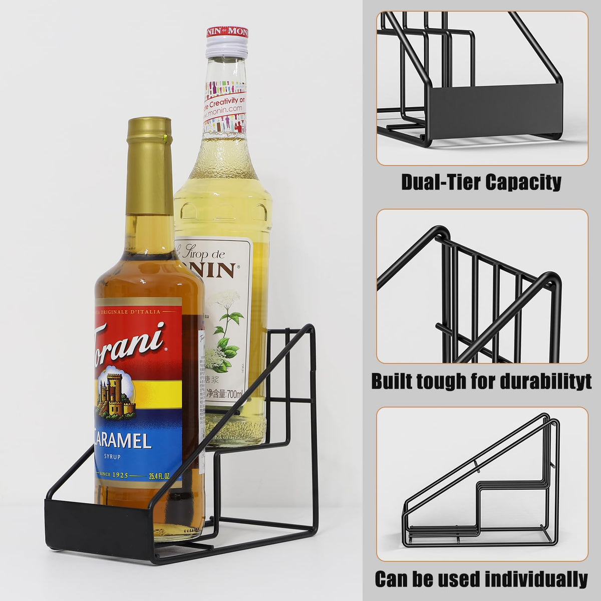 Coffee Syrup Organizer for Countertop, Stepped Syrup Rack Holds 4 Bottles, Freestanding Coffee Bar Organizer, Heavy Duty Carbon Steel Storage Rack for Home, Kitchen, Café & Bar