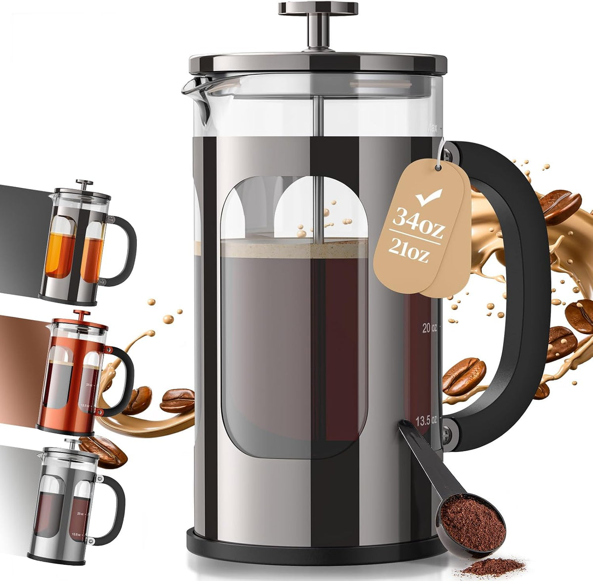 Veken 34oz French Press Coffee Maker, No Plastic Touching Cafe,1 L Cafetera