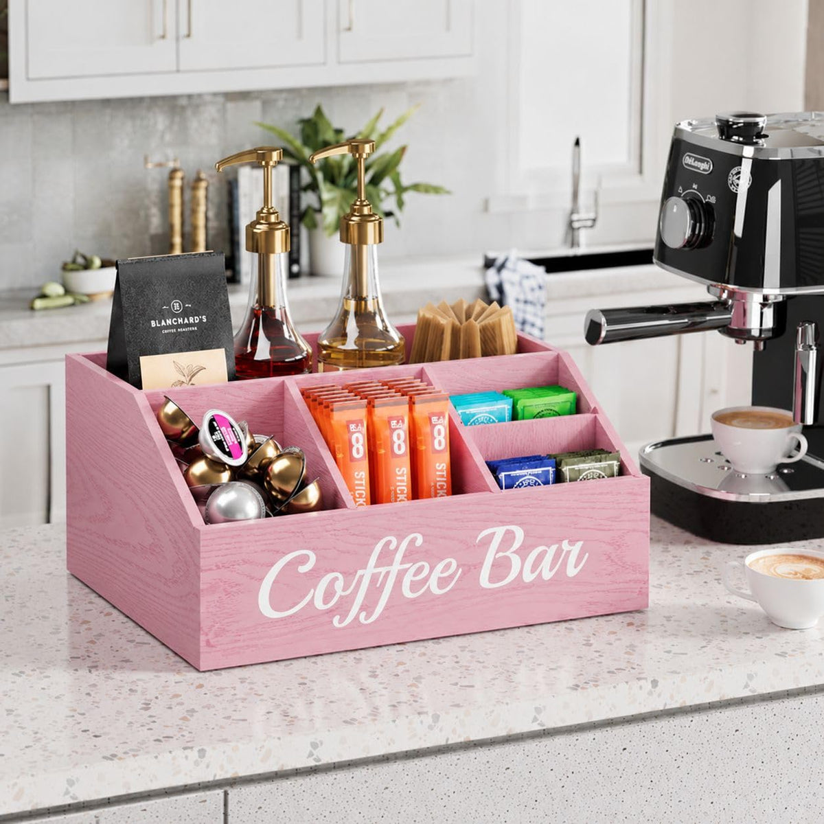Coffee Station Organizer for Countertop – Wooden Coffee Bar Organizer with Adjustable Dividers,Holds K Cup Pod & syrup bottles, for Kitchen, Office, or Bar and Tea Station, Black