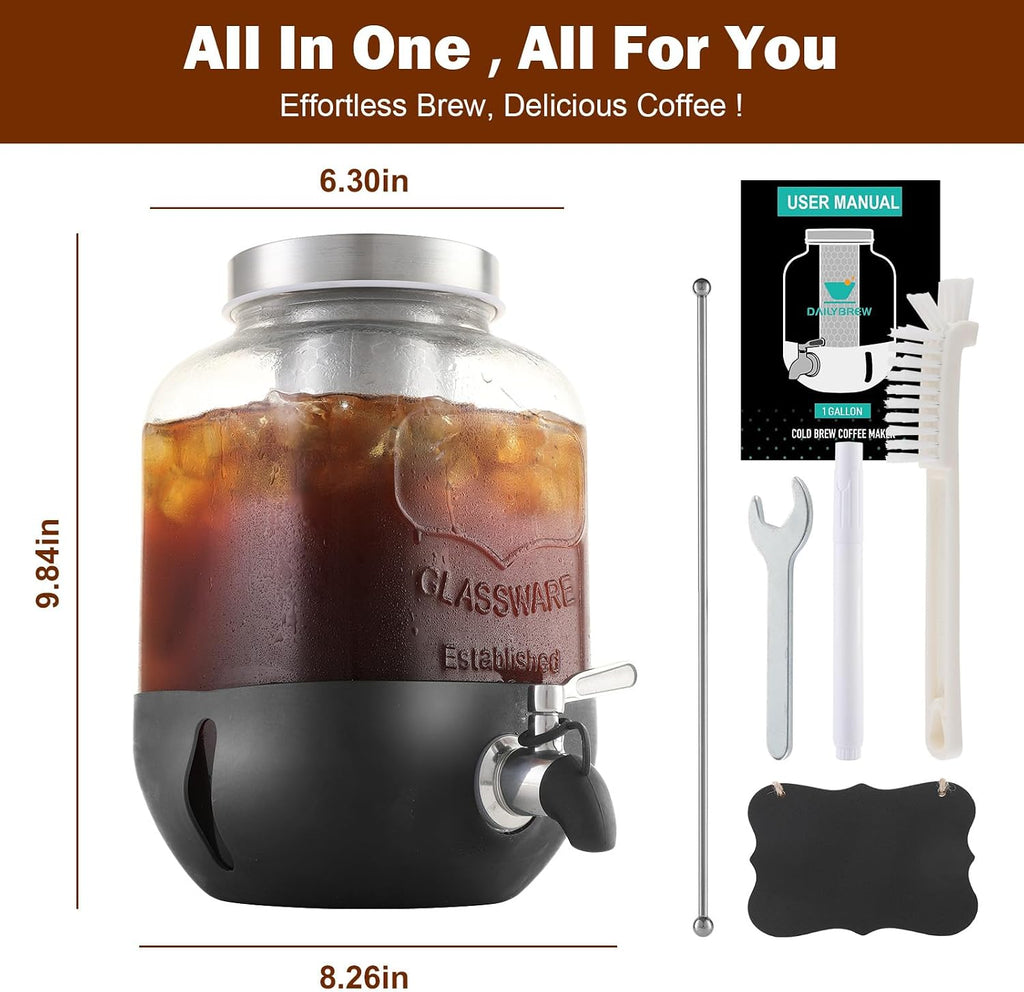 Cold Brew Coffee Maker, 1 Gallon Iced Coffee Maker With Stainless Steel Filter, Heavy Duty Glass Cold Brew Pitcher With Stainless Steel Spigot, Mason Jar Cold Brew Coffee Maker Fast Iced Tea Maker
