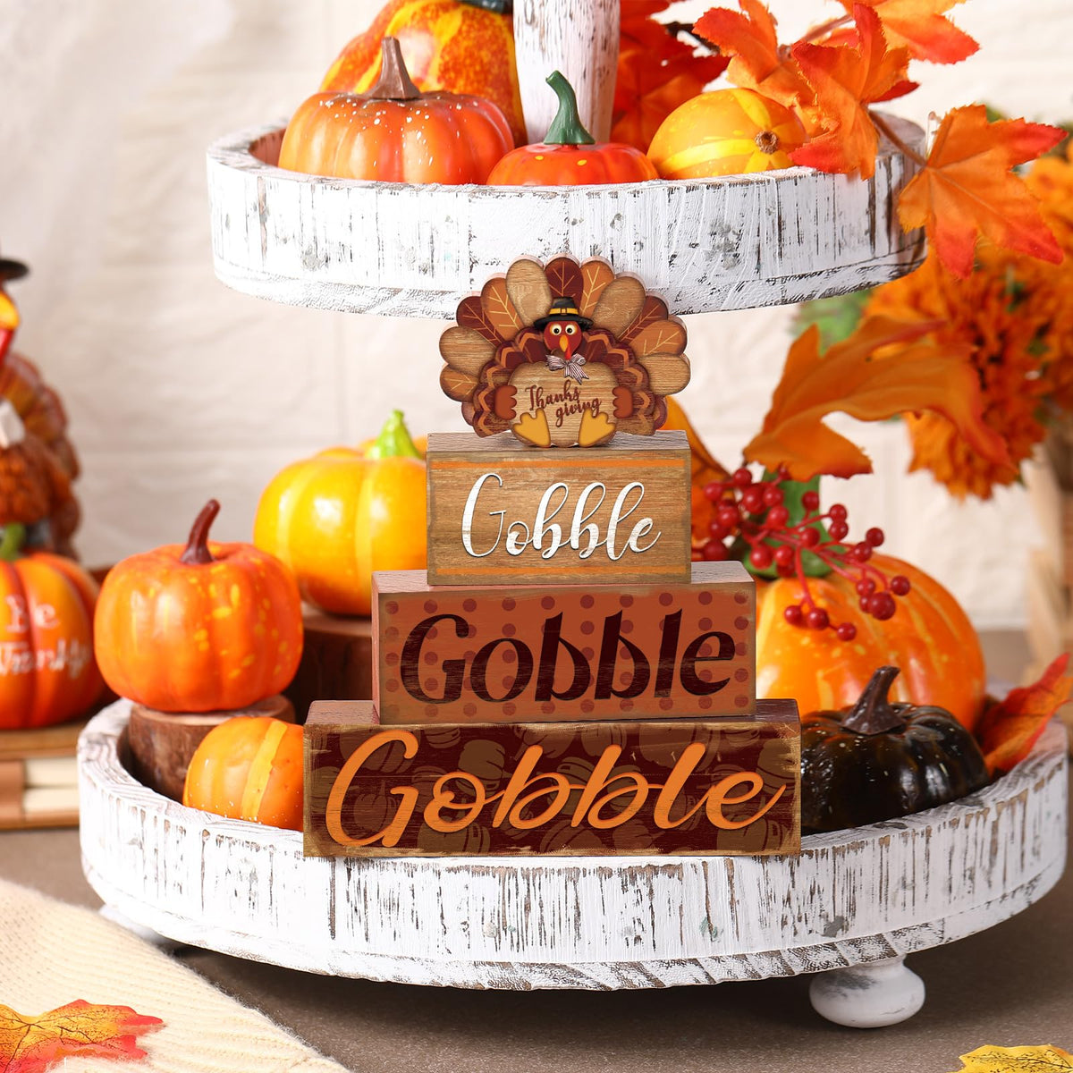 4 Pcs Fall Decor for Home Hello Fall Wooden Signs with Ice Cream Cup