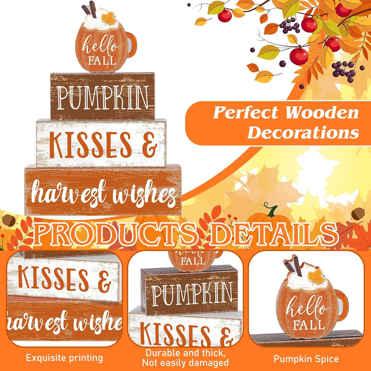4 Pcs Fall Decor for Home Hello Fall Wooden Signs with Ice Cream Cup