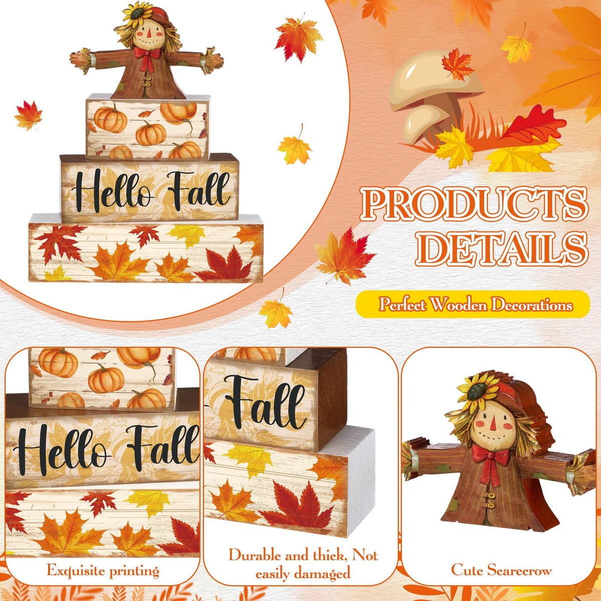 4 Pcs Fall Decor for Home Hello Fall Wooden Signs with Ice Cream Cup