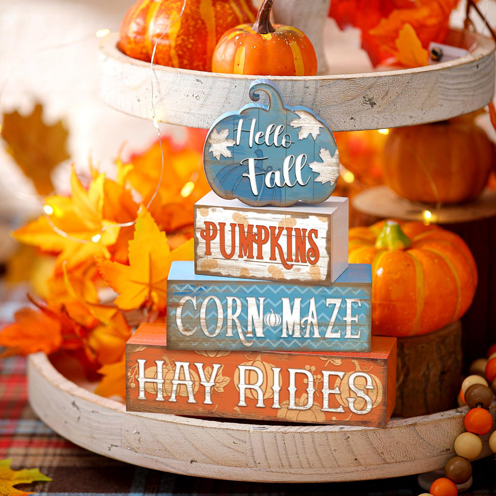 4 Pcs Fall Decor for Home Hello Fall Wooden Signs with Ice Cream Cup