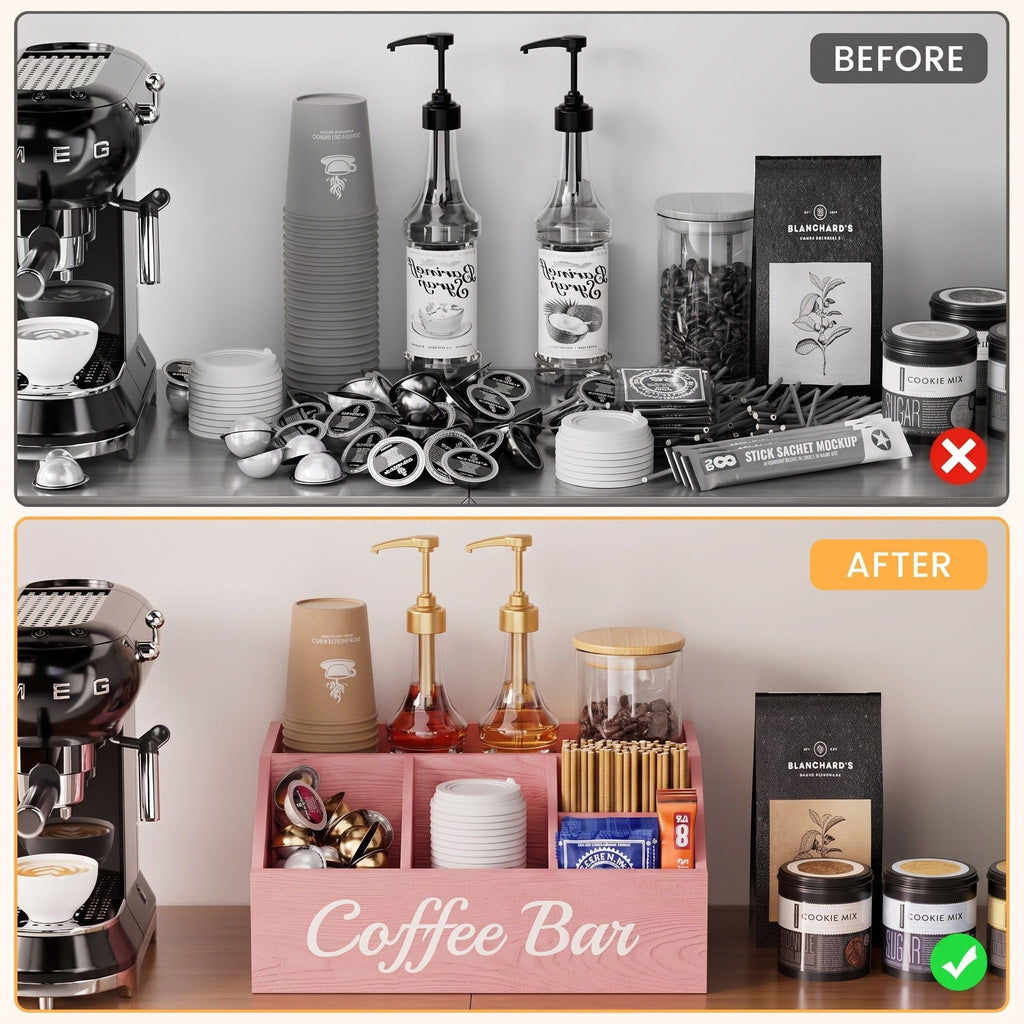 Coffee Station Organizer for Countertop – Wooden Coffee Bar Organizer with Adjustable Dividers,Holds K Cup Pod & syrup bottles, for Kitchen, Office, or Bar and Tea Station, Black