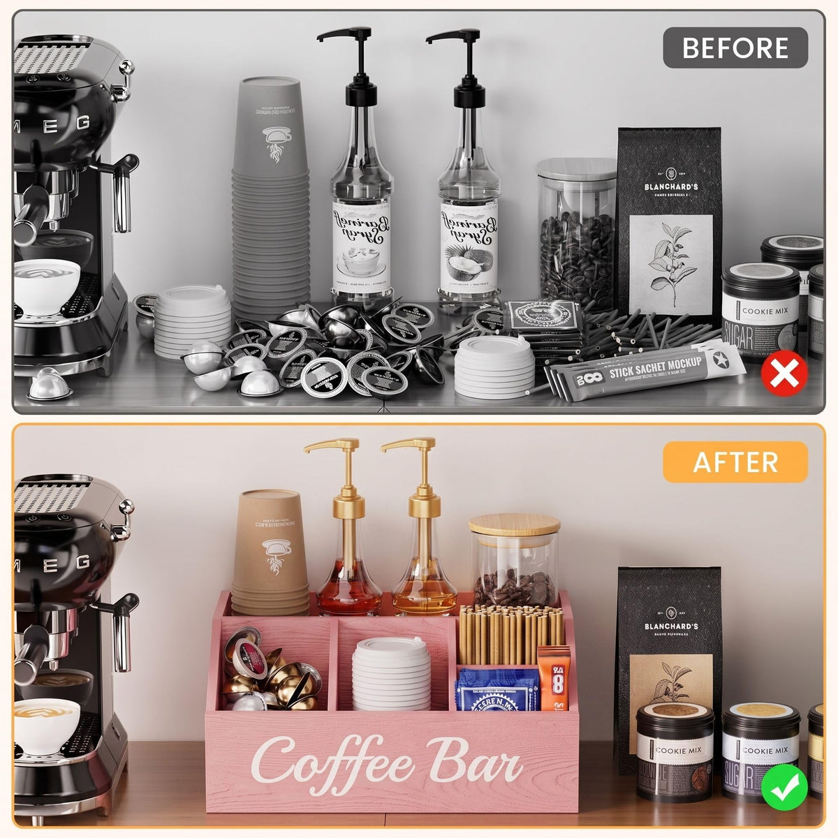 Coffee Station Organizer for Countertop – Wooden Coffee Bar Organizer with Adjustable Dividers,Holds K Cup Pod & syrup bottles, for Kitchen, Office, or Bar and Tea Station, Black
