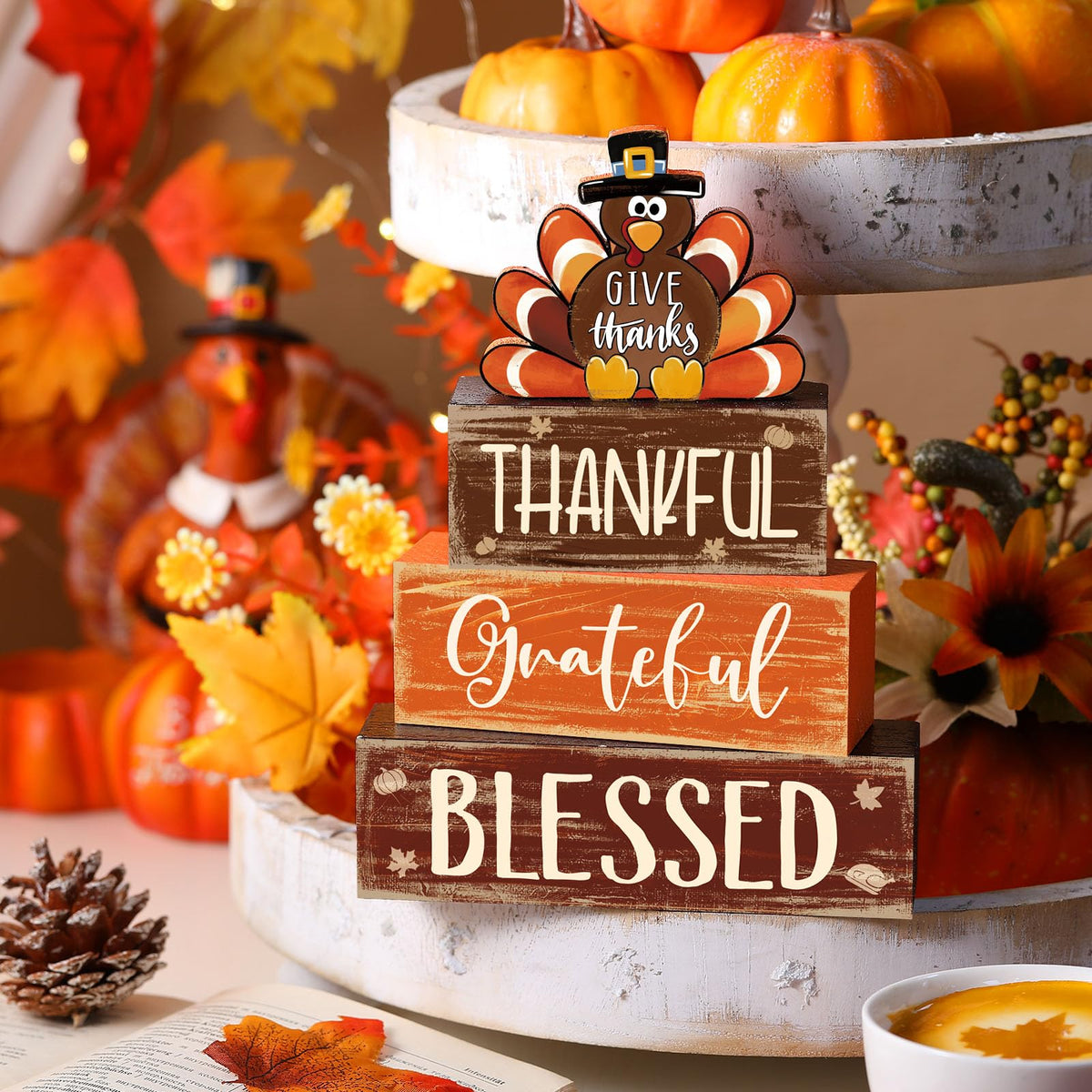 4 Pcs Fall Decor for Home Hello Fall Wooden Signs with Ice Cream Cup