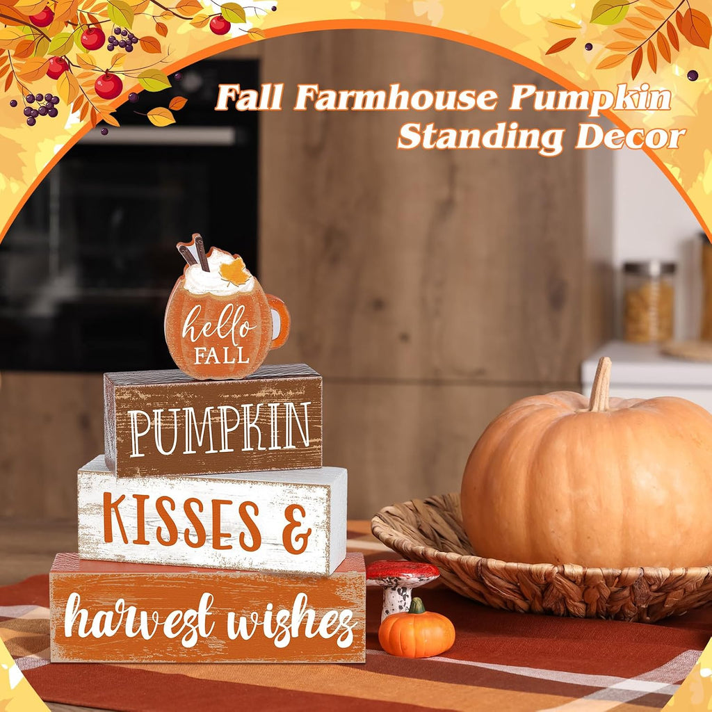 4 Pcs Fall Decor for Home Hello Fall Wooden Signs with Ice Cream Cup