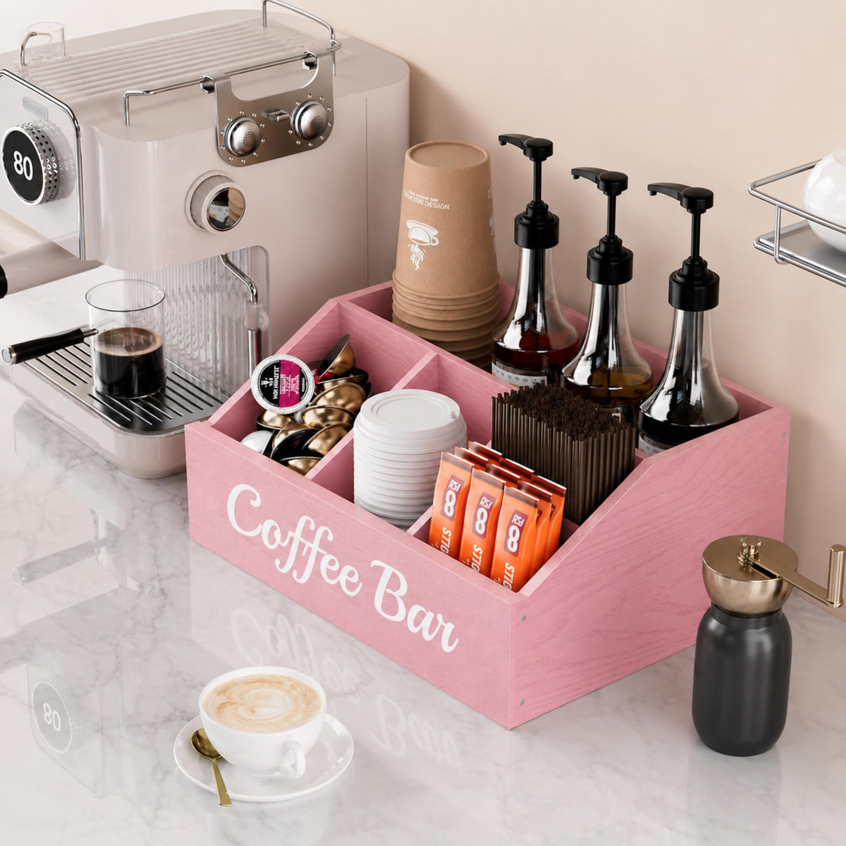 Coffee Station Organizer for Countertop – Wooden Coffee Bar Organizer with Adjustable Dividers,Holds K Cup Pod & syrup bottles, for Kitchen, Office, or Bar and Tea Station, Black