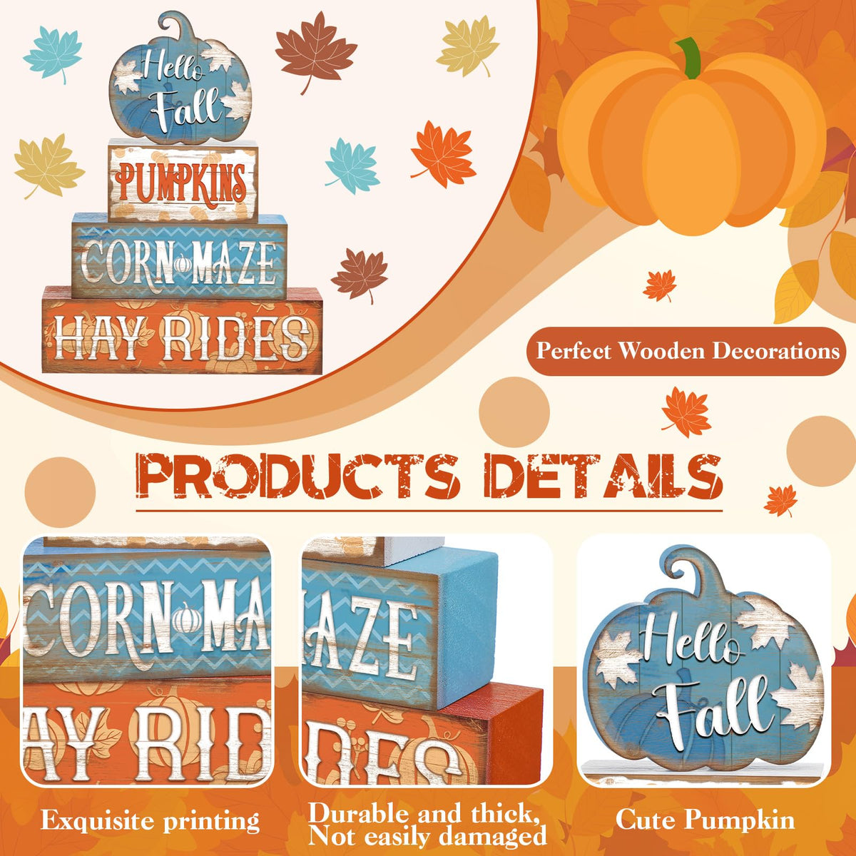 4 Pcs Fall Decor for Home Hello Fall Wooden Signs with Ice Cream Cup
