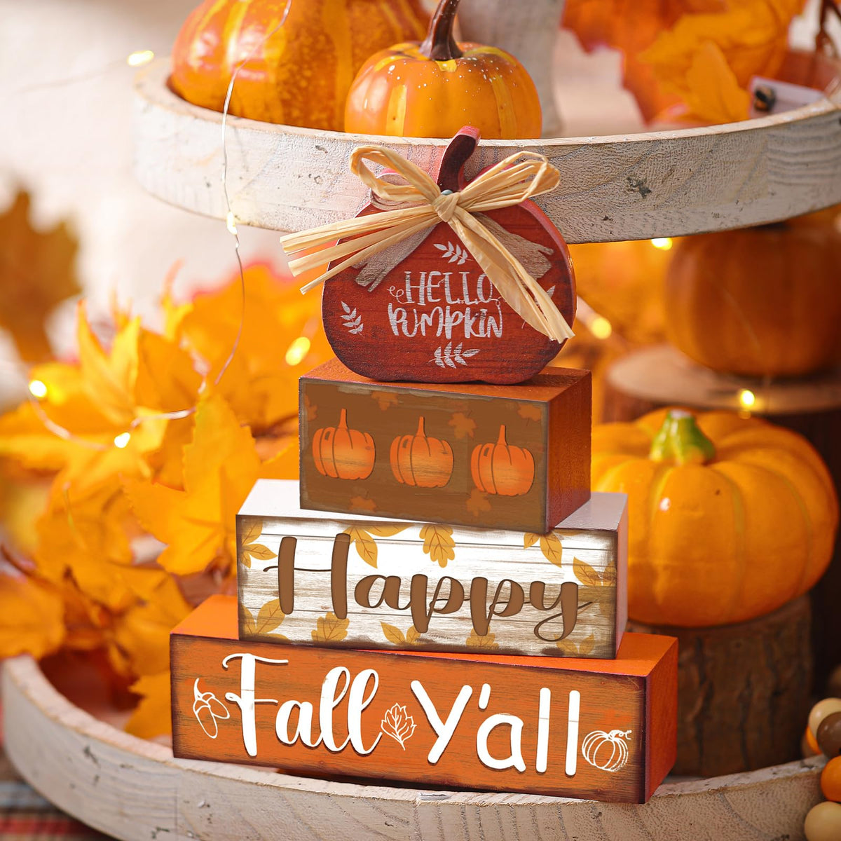 4 Pcs Fall Decor for Home Hello Fall Wooden Signs with Ice Cream Cup