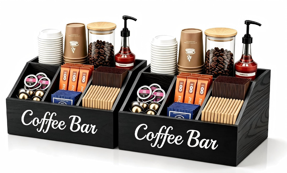 Coffee Station Organizer for Countertop – Wooden Coffee Bar Organizer with Adjustable Dividers,Holds K Cup Pod & syrup bottles, for Kitchen, Office, or Bar and Tea Station, Black