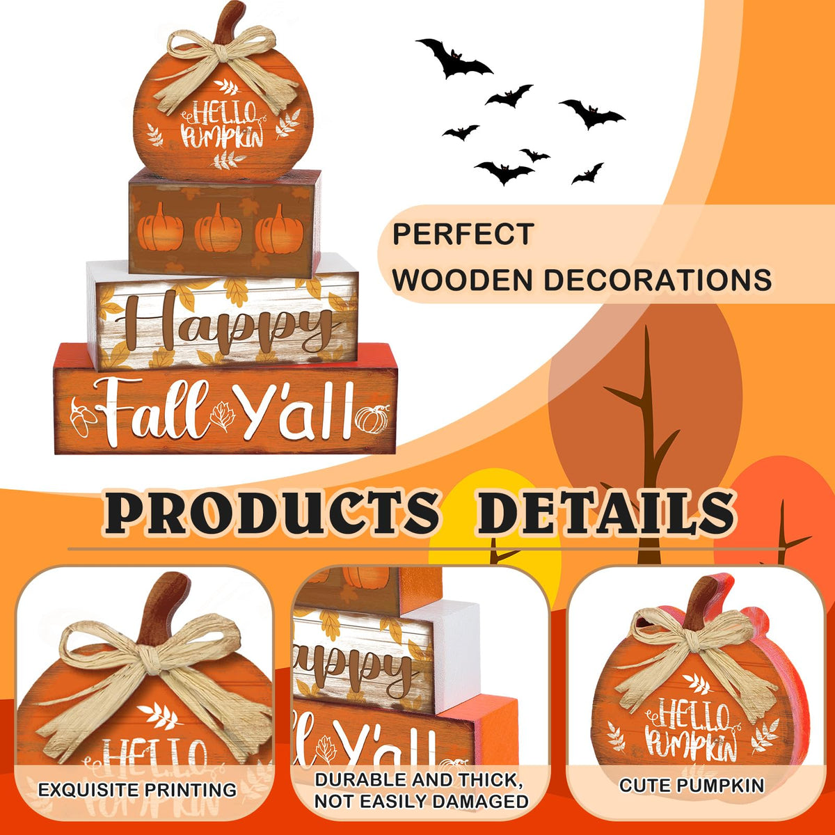 4 Pcs Fall Decor for Home Hello Fall Wooden Signs with Ice Cream Cup