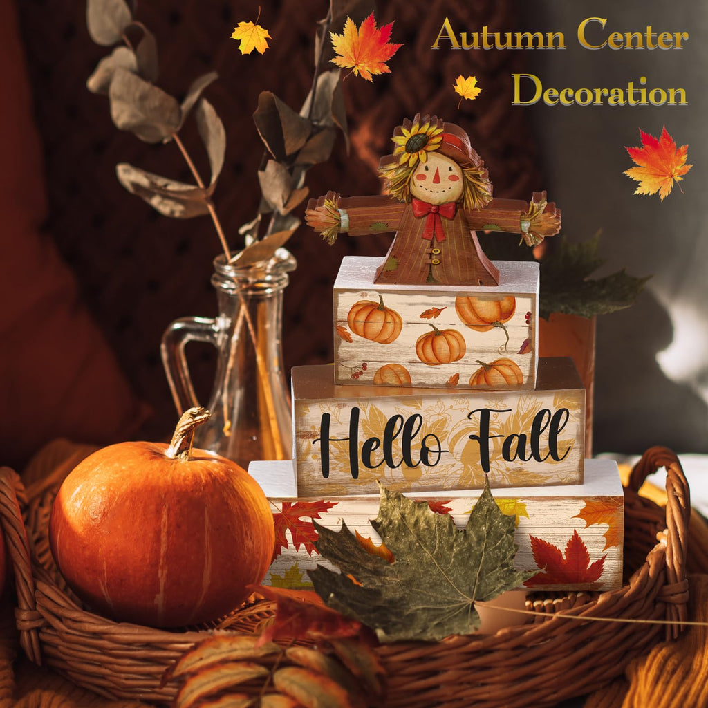 4 Pcs Fall Decor for Home Hello Fall Wooden Signs with Ice Cream Cup