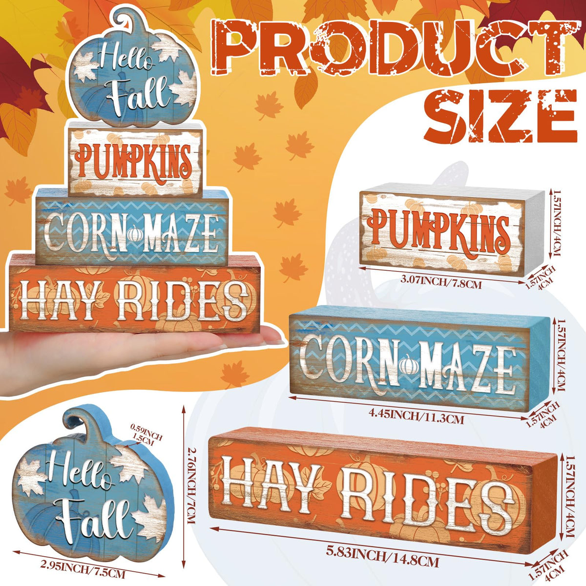 4 Pcs Fall Decor for Home Hello Fall Wooden Signs with Ice Cream Cup