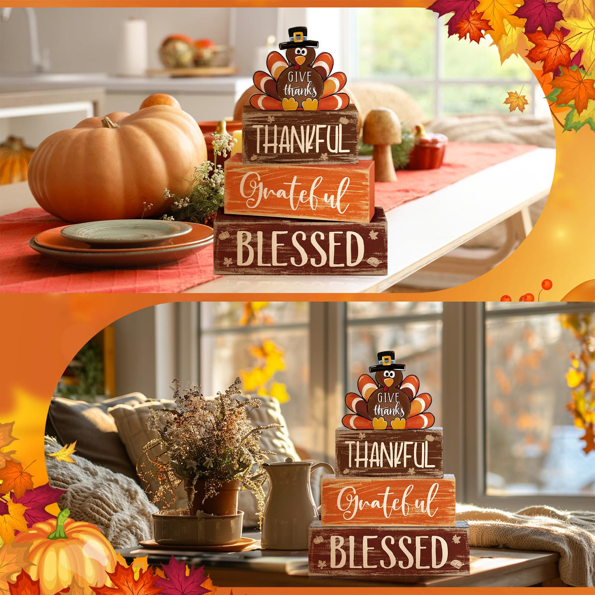 4 Pcs Fall Decor for Home Hello Fall Wooden Signs with Ice Cream Cup