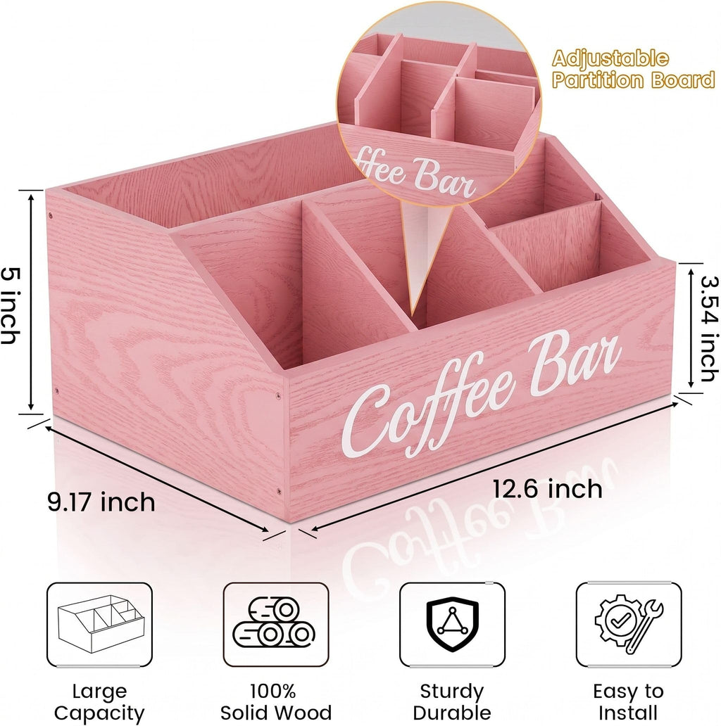 Coffee Station Organizer for Countertop – Wooden Coffee Bar Organizer with Adjustable Dividers,Holds K Cup Pod & syrup bottles, for Kitchen, Office, or Bar and Tea Station, Black