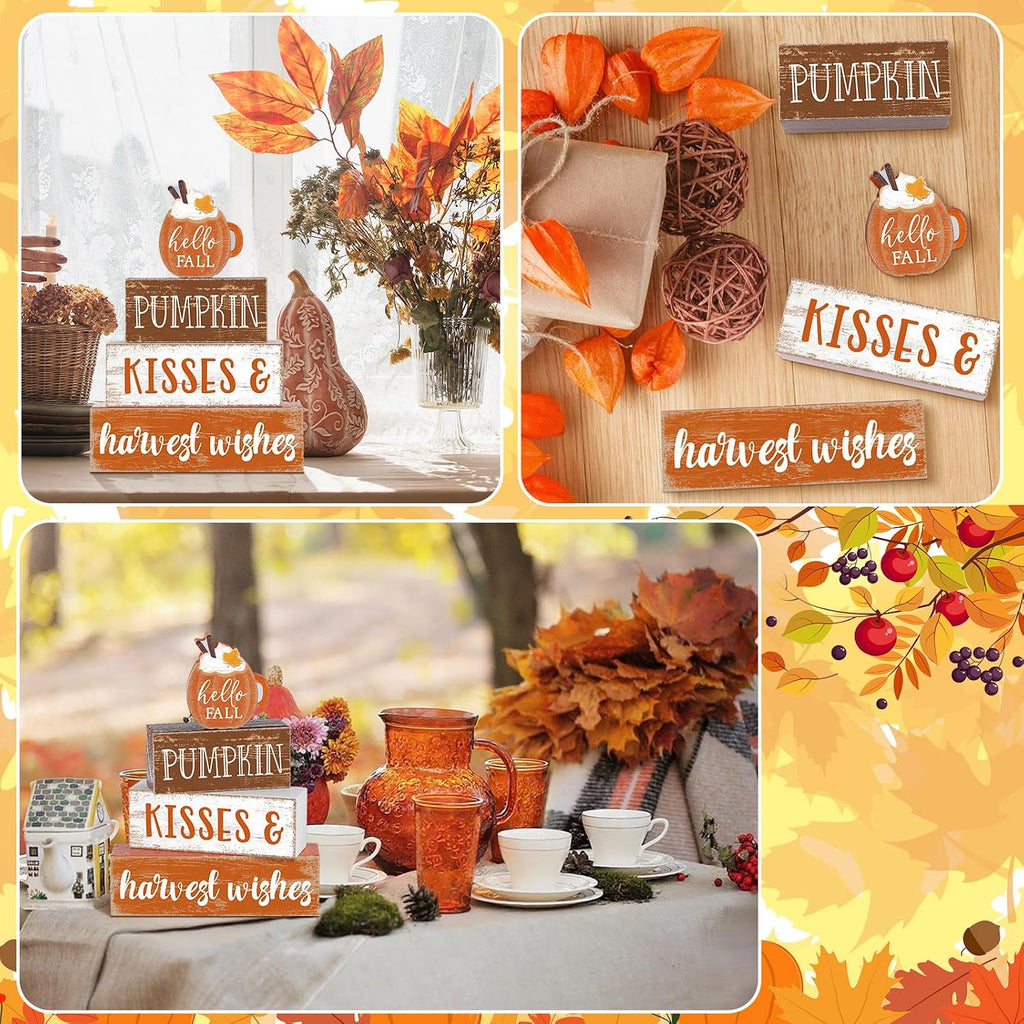 4 Pcs Fall Decor for Home Hello Fall Wooden Signs with Ice Cream Cup