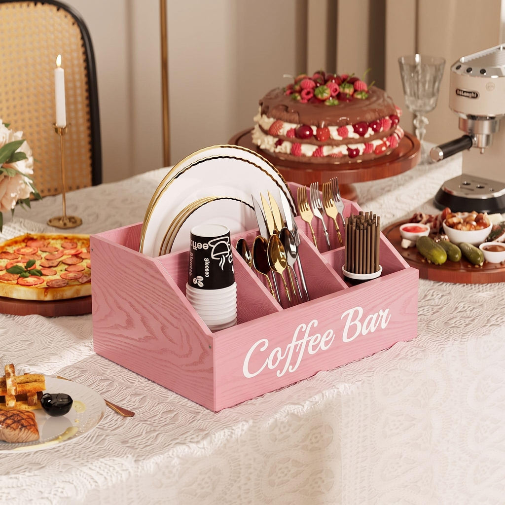 Coffee Station Organizer for Countertop – Wooden Coffee Bar Organizer with Adjustable Dividers,Holds K Cup Pod & syrup bottles, for Kitchen, Office, or Bar and Tea Station, Black