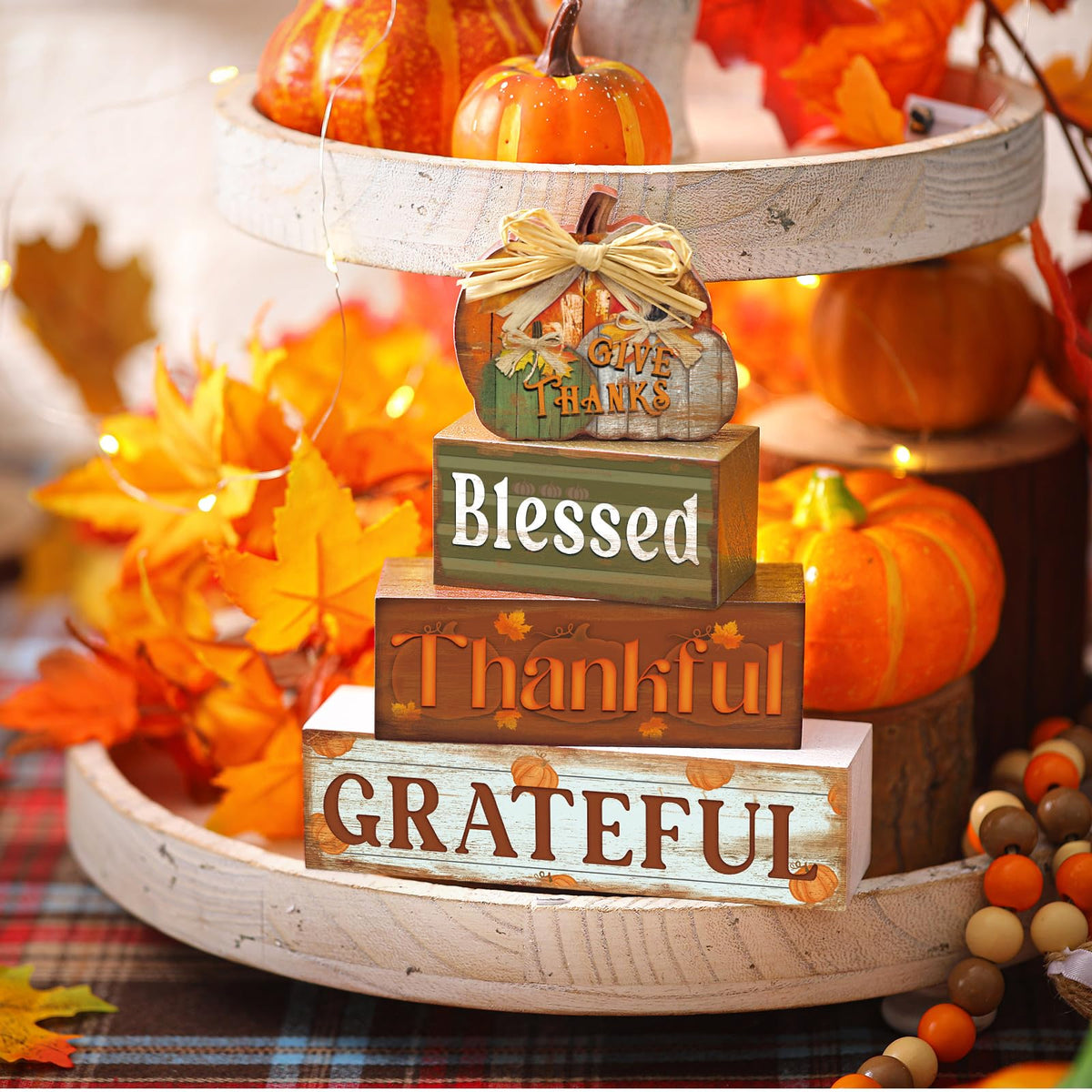4 Pcs Fall Decor for Home Hello Fall Wooden Signs with Ice Cream Cup