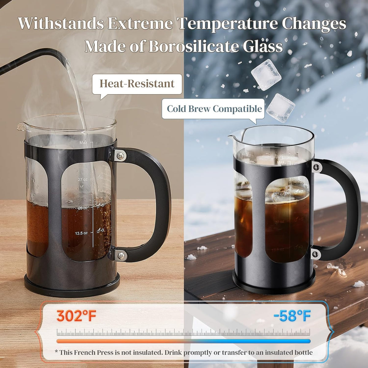 Veken 34oz French Press Coffee Maker, No Plastic Touching Cafe,1 L Cafetera