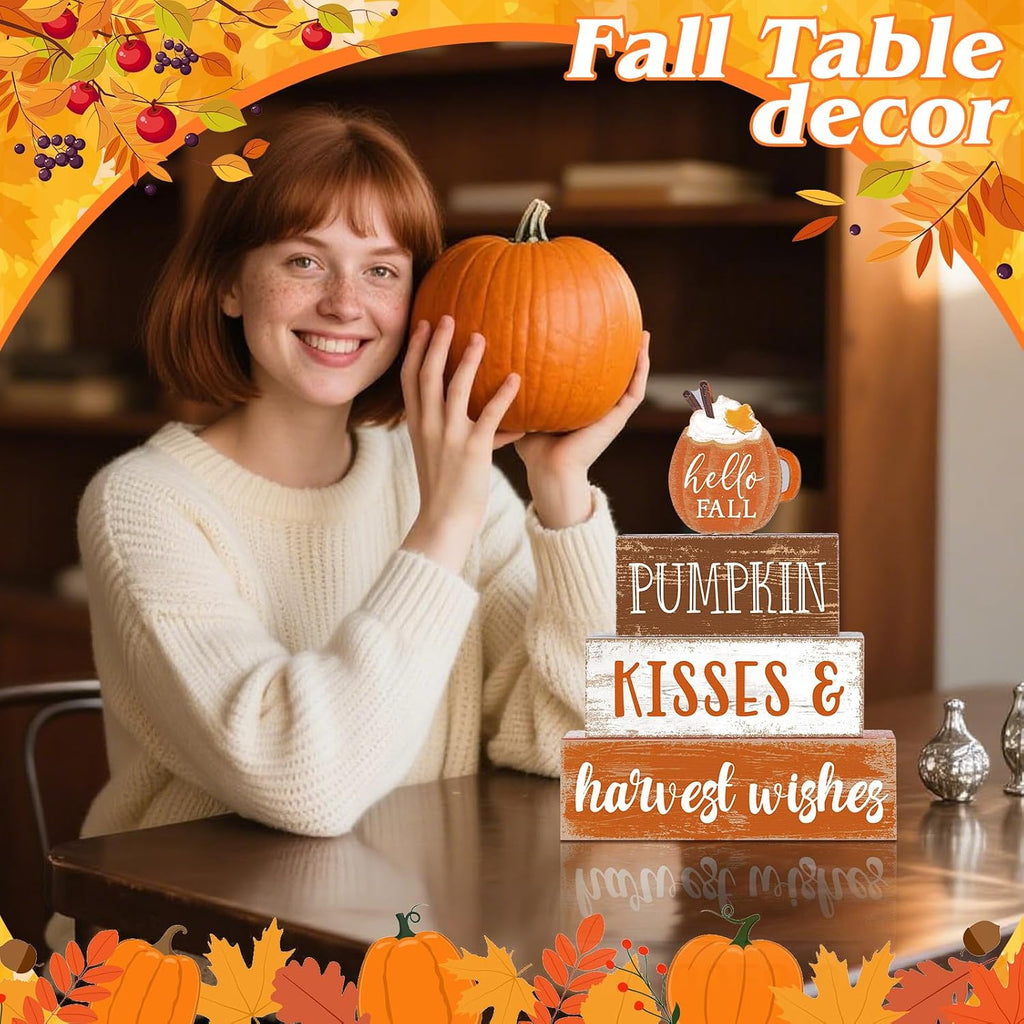 4 Pcs Fall Decor for Home Hello Fall Wooden Signs with Ice Cream Cup