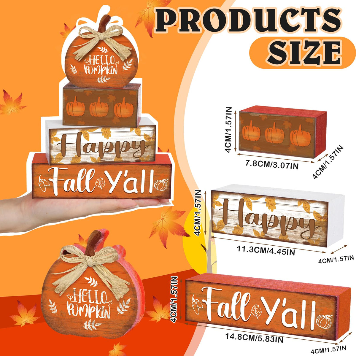 4 Pcs Fall Decor for Home Hello Fall Wooden Signs with Ice Cream Cup