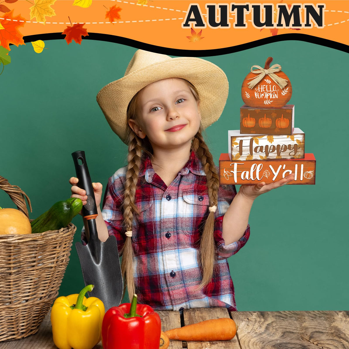 4 Pcs Fall Decor for Home Hello Fall Wooden Signs with Ice Cream Cup